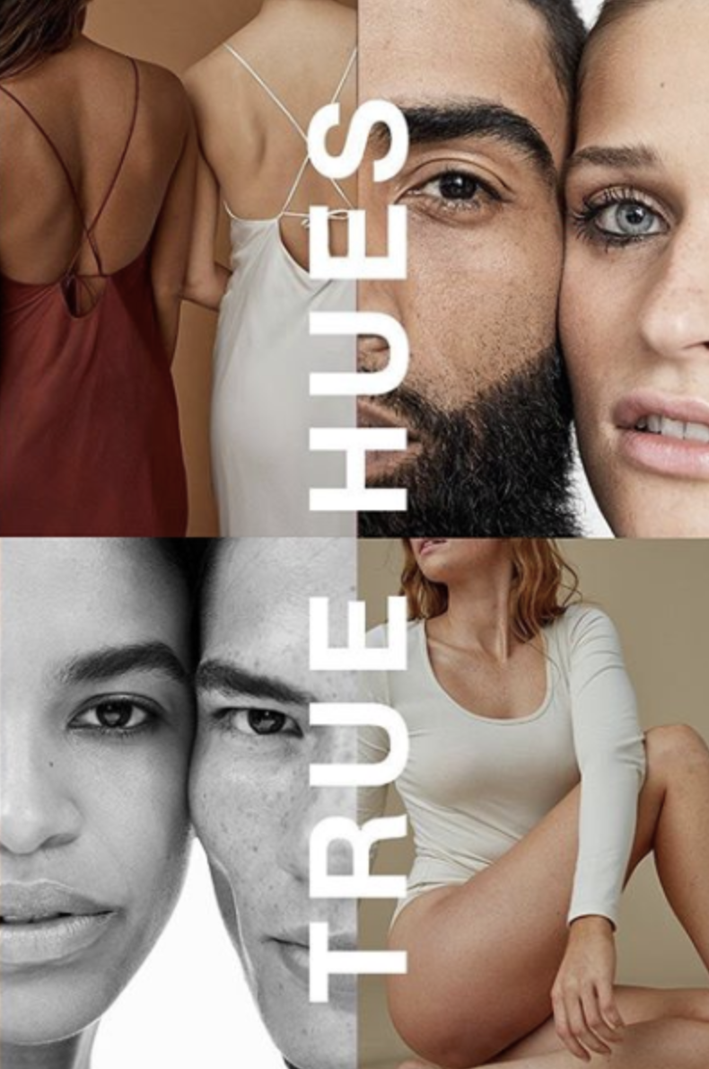 TRUE HUES campaign collage featuring diverse models in skin-tone basics